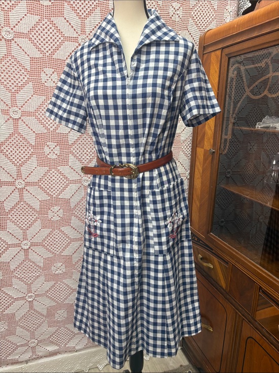simpson sears Dresses & Skirts - Blue Gingham Shirt Dress with Embroidered Pockets Sz sm/m